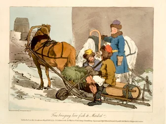 Fische bringen lebende Fische zum Markt, vom Künstler geätzt, veröffentlicht 1804